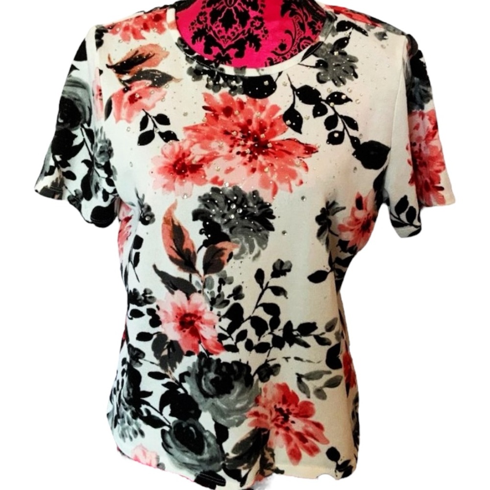 Cathy Daniels SS Floral Sweater w/Rheinstones (ML) 1B-0014
